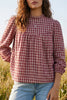 Coral Country Plaid Long Sleeve Button Keyhole Pleated Loose Blouse