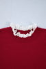 Racing Red Lace Trim Patchwork Buttoned Cuffs Loose Sweater