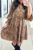 Khaki Leopard Print V Neck Ruffled Sleeve Tiered Loose Mini Dress