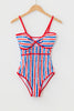Red July 4th Stripes Star Floral Impression Cutout Spaghetti Straps One Piece Swimsuit