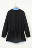 Black Color Block Patchwork Half Button Pullover and Shorts 2pcs Outfit