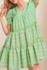 Green Stripe V Neck Short Sleeve Frilled Detail A-line Dress