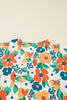 Orange Frilled V Neck Floral Print Bracelet Sleeve Blouse