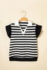 Black Stripe Collar V Neck Ruffled Short Sleeve Blouse