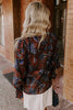Brown Autumn Floral Print Smocked Cuffs Shift Blouse