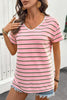 Pink Stripe V Neck Slim Fit Casual T Shirt