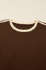 Dark Brown Varsity Striped Accent Contrast Crew Neck Long Sleeve T Shirt