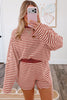 Brown Stripe Relaxed Long Sleeve Top Contrast Elastic Waistband Short Set