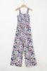 Purple Floral Print Smocked High Waist Square Neck Jumpsuit