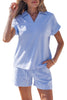 Sky Blue Stripe Dolman Sleeve Polo Shirt and Drawstring Shorts Set