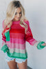 Rose Striped Knit Patch Pocket Drop Shoulder Sweater