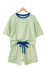 Green Stripe Drop Shoulder Boxy Casual Terry Short Set