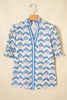 Sky Blue Floral Print Flounced Short Sleeve Contrast Trim V Neck Blouse