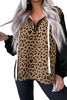 Brown Leopard Patchwork Contrast Stitching Knotted Cuff Quarter Zip Hoodie