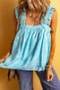 Sky Blue Tribal Pattern Print Ruffled Wide Straps Loose Tank Top