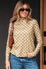Khaki Check Pattern Turtleneck Ribbed Slim Long Sleeve Tee