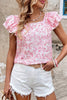 Pink Floral Ruffled Short Sleeve Bow Back Square Neck Blouse