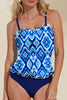 Navy Blue Abstract Print Frilled Trim Spaghetti Straps Tankini Set
