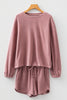 Fushia Solid Color Textured Knit Drop Shoulder Pullover Drawstring Shorts Set