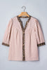Pink Stripe Leopard Trim V Neck Button Down Half Sleeve Shirt