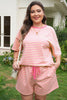 Green Stripe Boxy Tee Drawstring Elastic Waist Plus Size Short Set