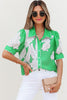 Green Floral Ric Rac Edge Puff Sleeve Button Up Summer Shirt