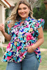 Blue Floral Flutter Sleeve Tied Notched Neck Plus Size Blouse