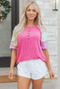 Bright Pink Twisted Ribbed Color Block Patchwork Henley Short Sleeve T Shirt