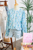 Sky Blue Paisley Print Puff Sleeve Loose Shirt