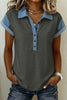 Carbon Grey Denim Color Block Patchwork Shirt Collar Short Sleeve Blouse