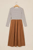 Brown Stripe Ribbed Knit Long Sleeve Bodice Contrast Patchwork Flared Dress