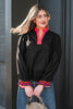 Black Striped Trim Ruffle Split Neck Long Sleeve Blouse