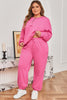 Bright Pink Plus Size Henley Drop Shoulder Pullover and Jogger Pants Two Piece Set