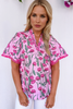 Pink Floral Lace Detail Frilled V Neck Summer Blouse