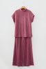 Burgundy Twisted Ribbed High Neck Loose Tee Elastic High Waist Loose Pant Set