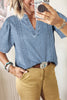 Myosotis Pintuck Pleats Puff Sleeve Split V Neck Summer Denim Top