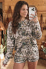 Brown Camo Long Sleeve Top Elastic Waist Shorts Two Piece Set