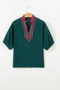 Evergreen Contrast Plaid Patchwork V Neck Half Sleeve Blouse