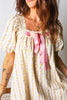 Multicolour Floral Print Contrast Ribbon Bow Lace Trim Square Neck Mini Dress
