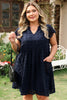 Navy Blue Dotty Textured Notched Neck Plus Ruffled Dress