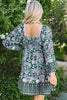 Green Floral Print Piping Trim Bubble Sleeve Square Neck Dress