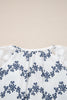 Blue Lace Patchwork Floral Bubble Sleeve V Split Neck Blouse