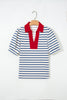 Blue Stripe Short Puff Sleeve Color Block Polo Collar Blouse