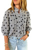 Sky Blue Polka Dot Print Ruffle Stand Neck 3/4 Sleeve Shift Shirt