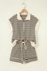 Black Stripe Ribbed Color Block Trim Zip Polo Tee Drawstring Shorts 2pcs Outfit