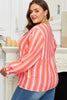 Pink Stripe Crinkled Half Buttons V Neck Plus Size Blouse