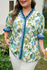 Sky Blue Plus Size Frilled V Neck Short Sleeve Floral Blouse