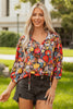 Black Floral 3/4 Puff Sleeve Tied Neck Blouse