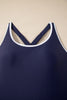 Navy Blue Contrast Edge Ruffled High Waist One Piece Swim Dress
