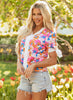 White Floral Colorblock Striped Edge V Neck Knotted Short Sleeve Blouse
